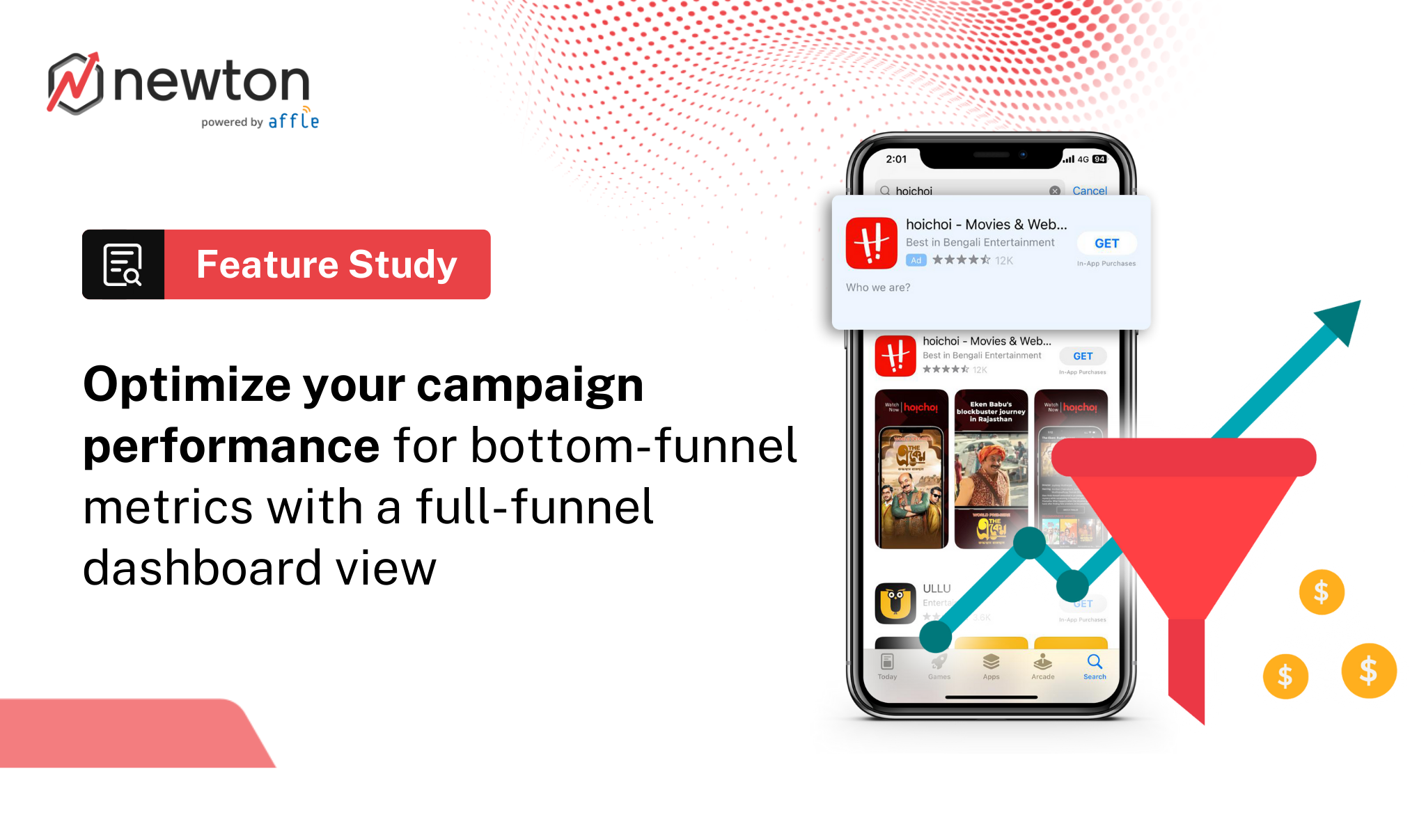 Optimize your Apple Search Ads campaign performance for bottom-funnel metrics with Newton's full-funnel dashboard view